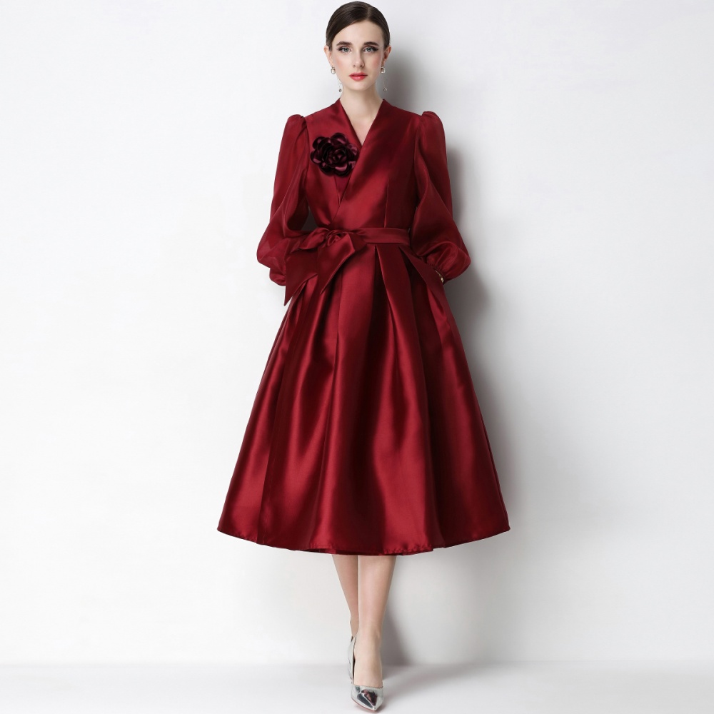 A-line satin elegant formal dress puff sleeve V-neck dress