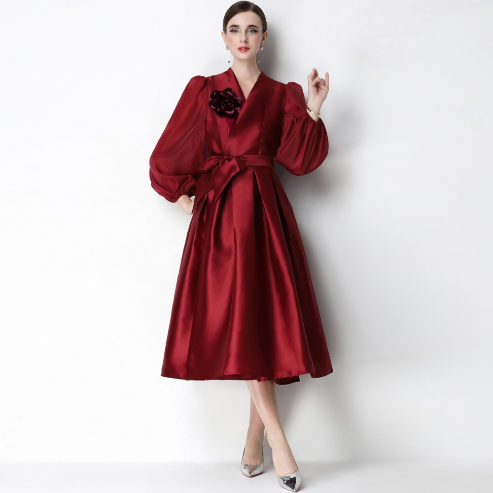 A-line satin elegant formal dress puff sleeve V-neck dress