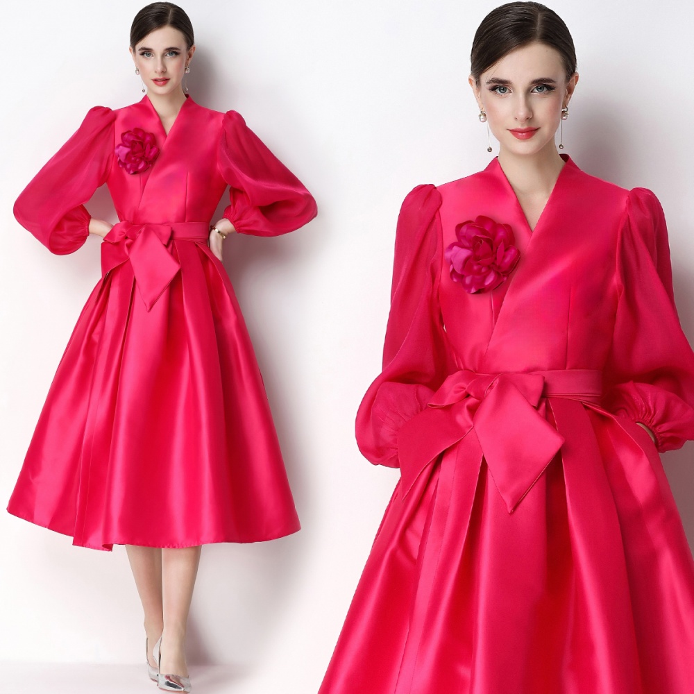 Temperament flowers formal dress pinched waist slim dress