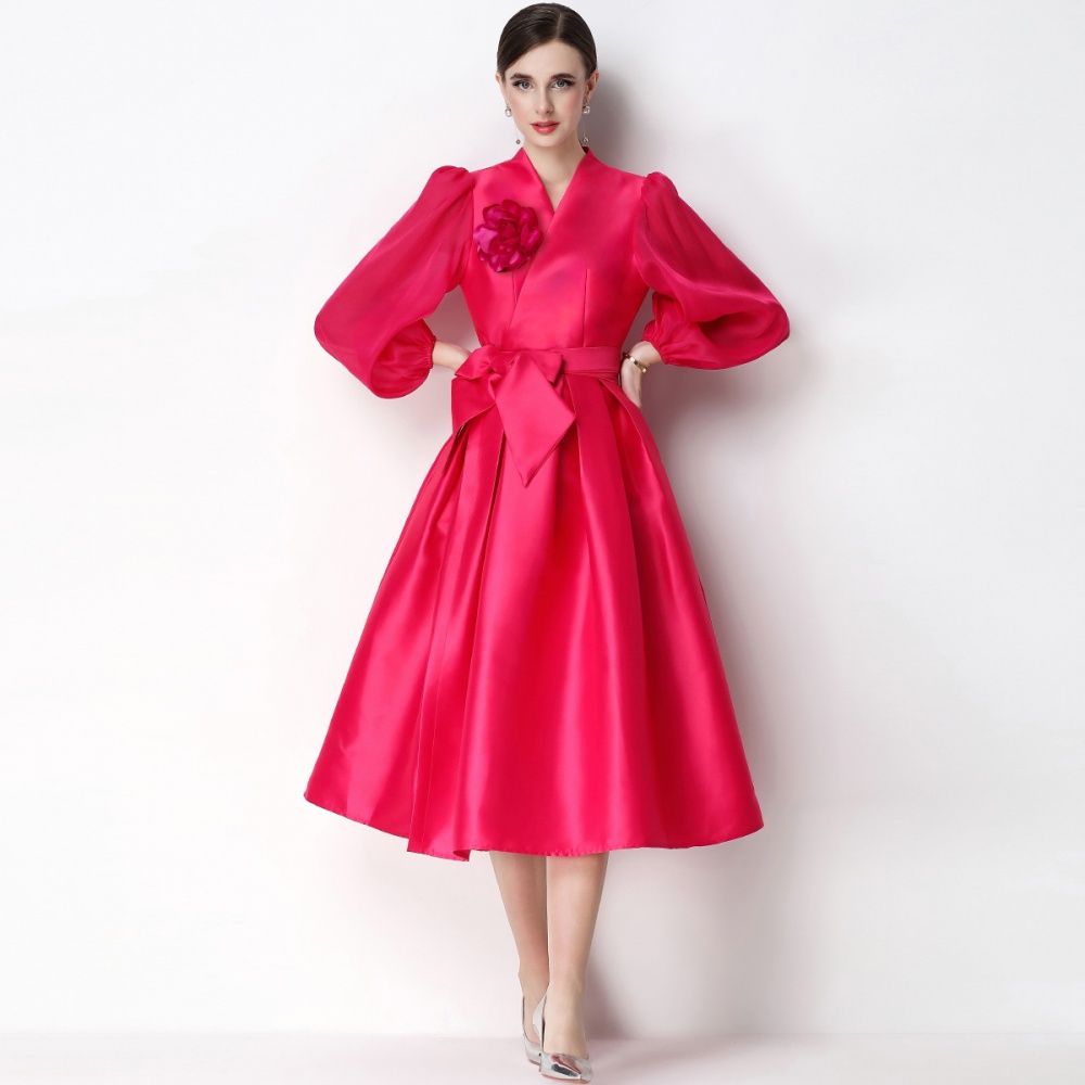 Temperament flowers formal dress pinched waist slim dress