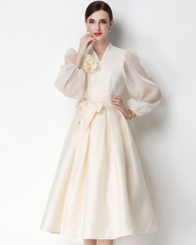 Flowers temperament satin formal dress slim V-neck dress