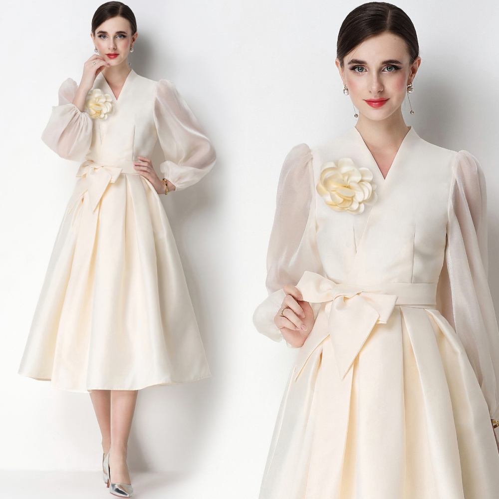 Flowers temperament satin formal dress slim V-neck dress