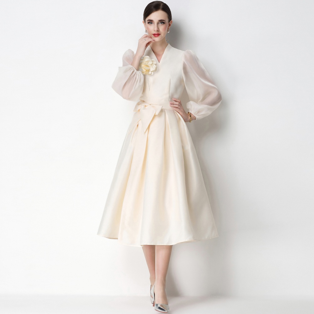 Flowers temperament satin formal dress slim V-neck dress