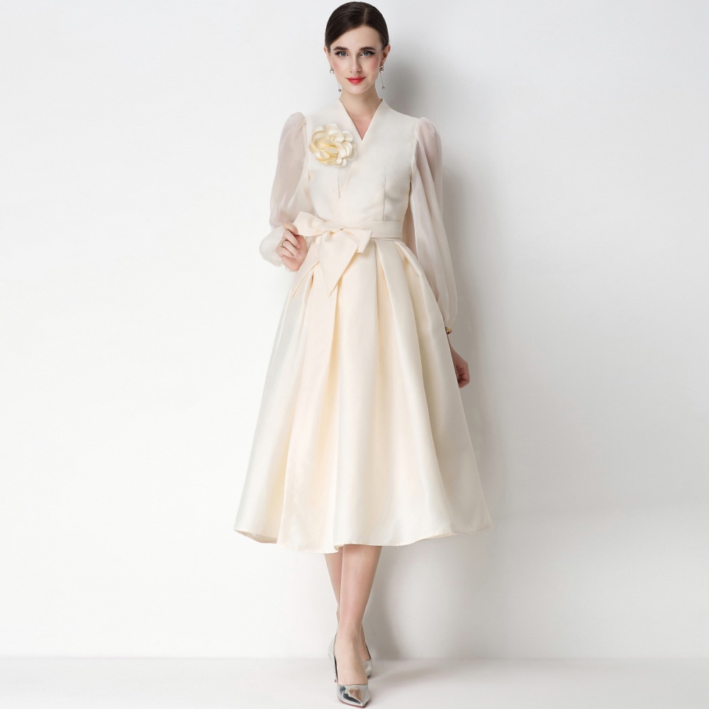 Flowers temperament satin formal dress slim V-neck dress