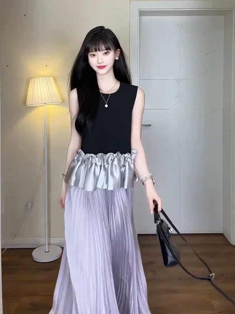 Sleeveless summer short skirt lotus leaf edges pleated tops