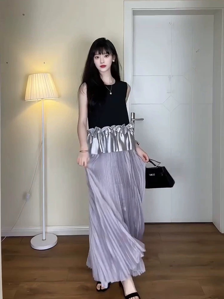 Sleeveless summer short skirt lotus leaf edges pleated tops