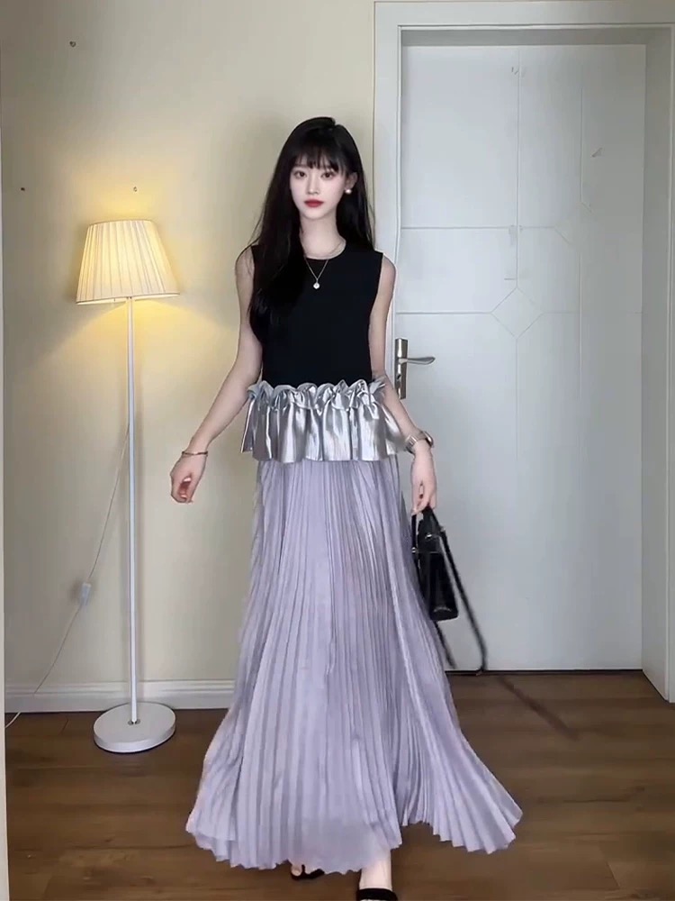 Sleeveless summer short skirt lotus leaf edges pleated tops