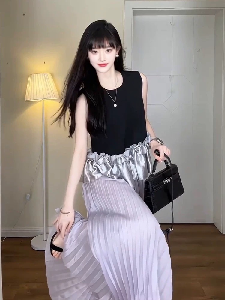 Sleeveless summer short skirt lotus leaf edges pleated tops