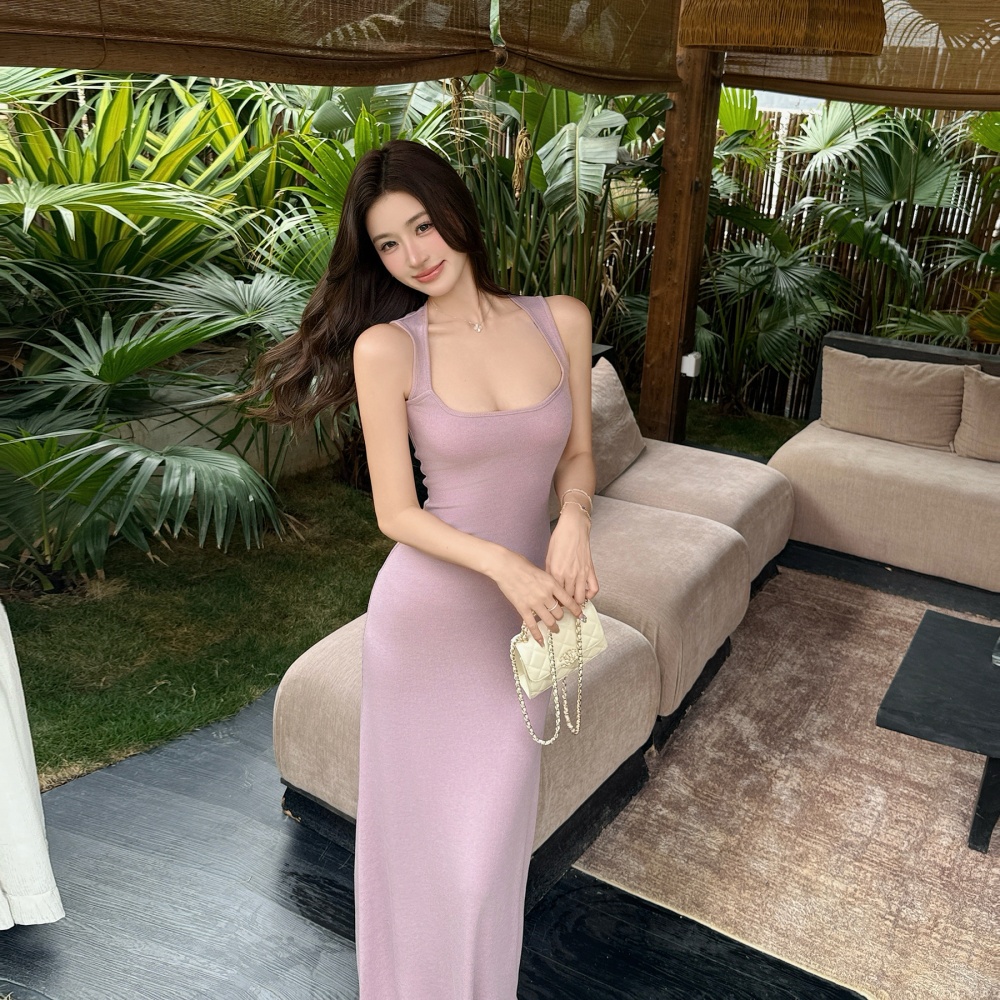 Knitted summer sleeveless dress sling slim long dress