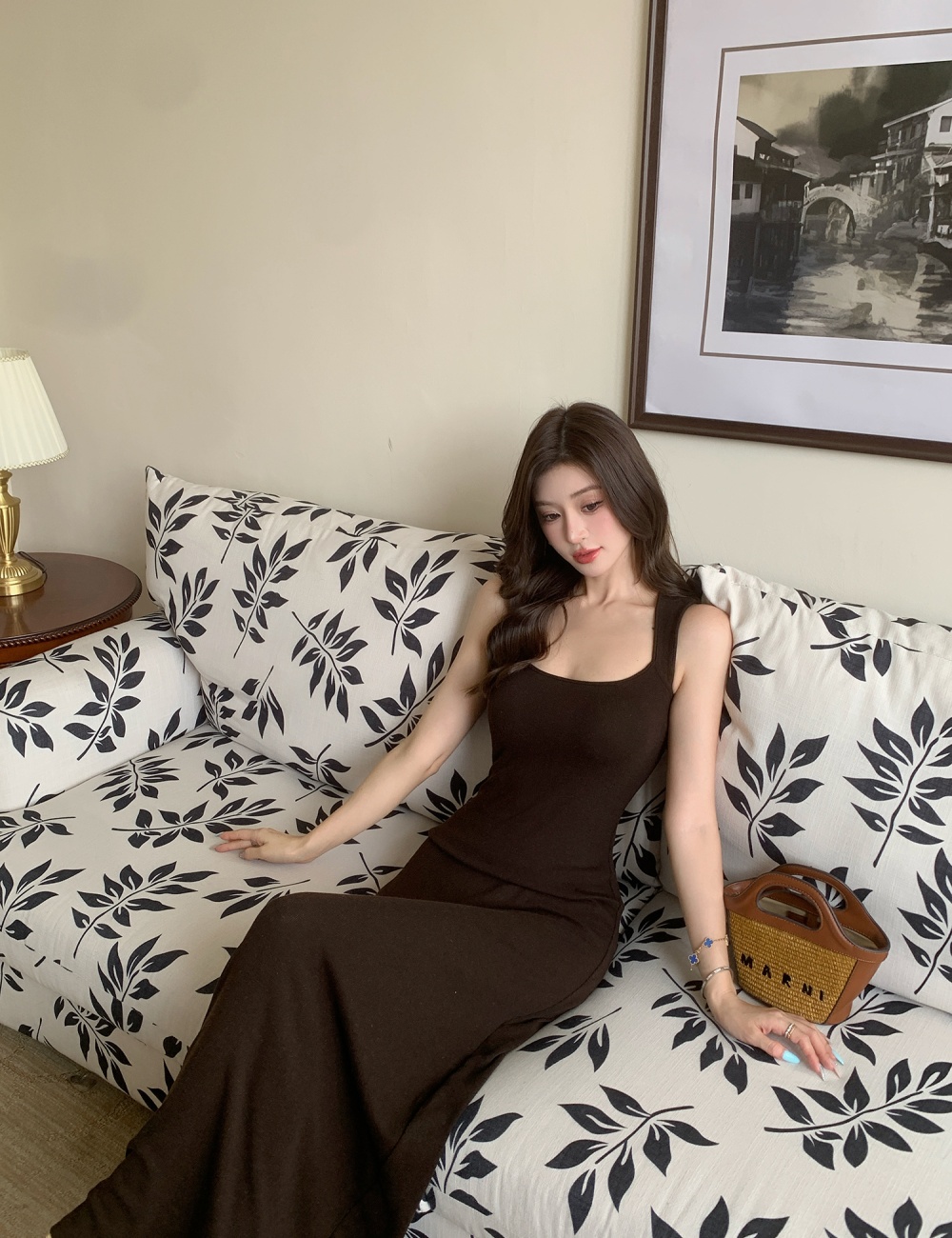 Knitted summer sleeveless dress sling slim long dress