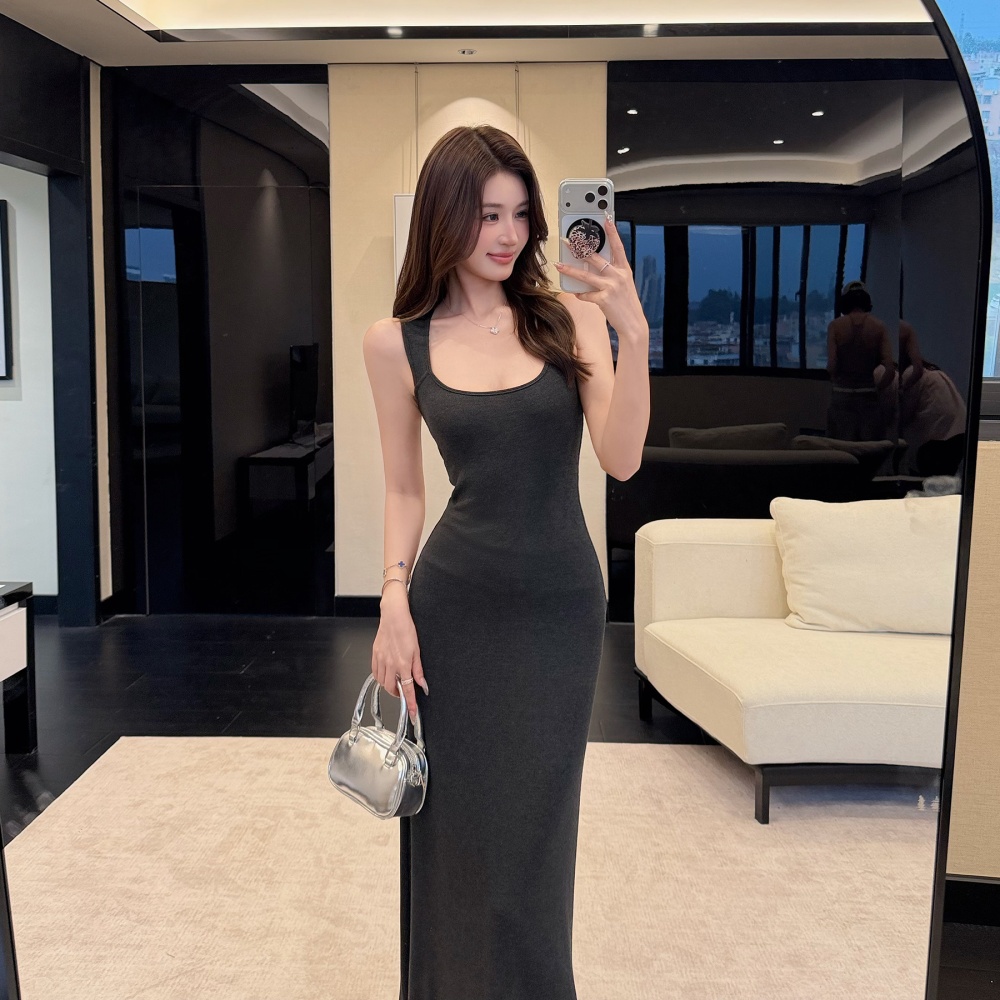 Knitted summer sleeveless dress sling slim long dress