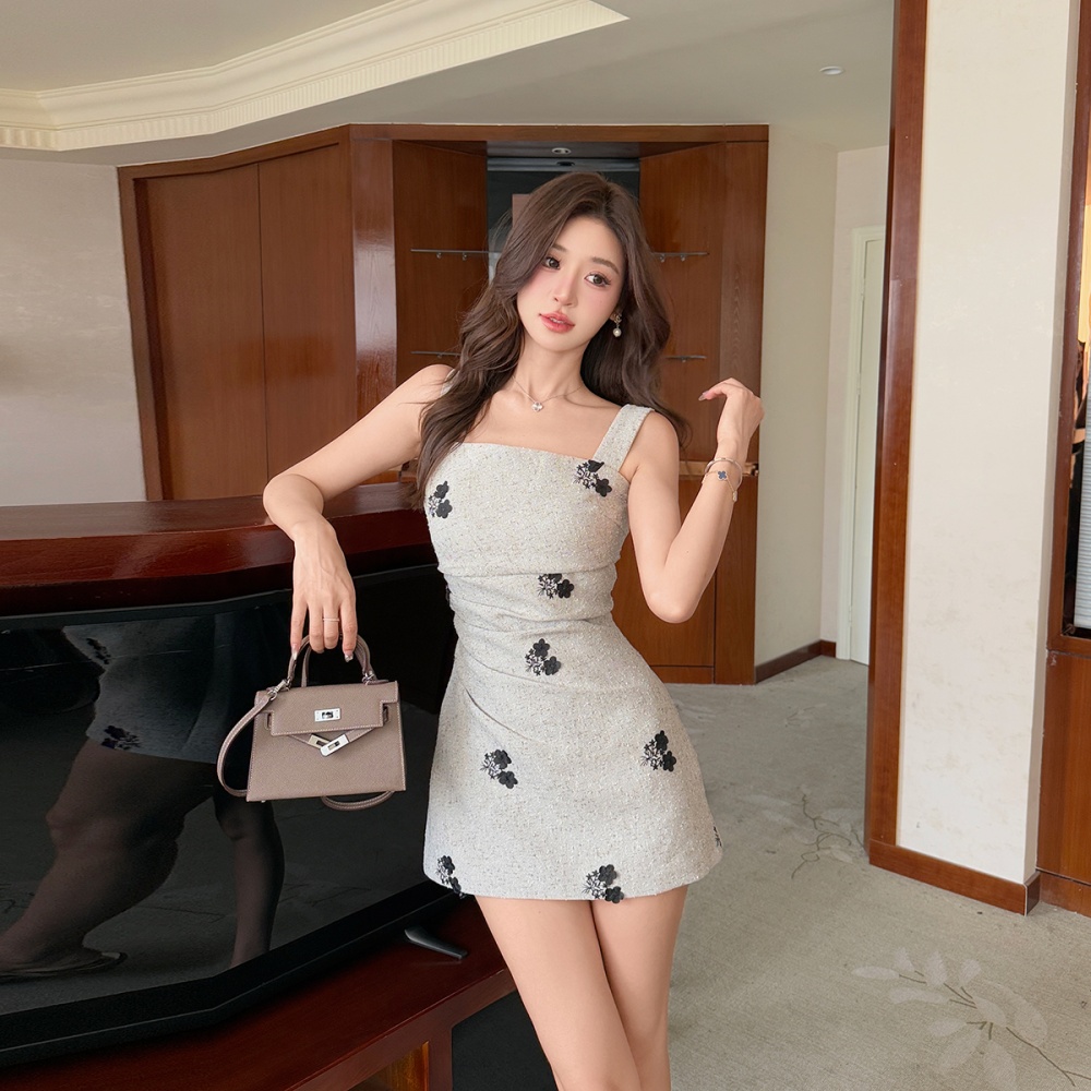 Retro summer sling printing slim temperament dress for women