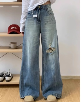 High waist loose jeans holes wide leg pants for women