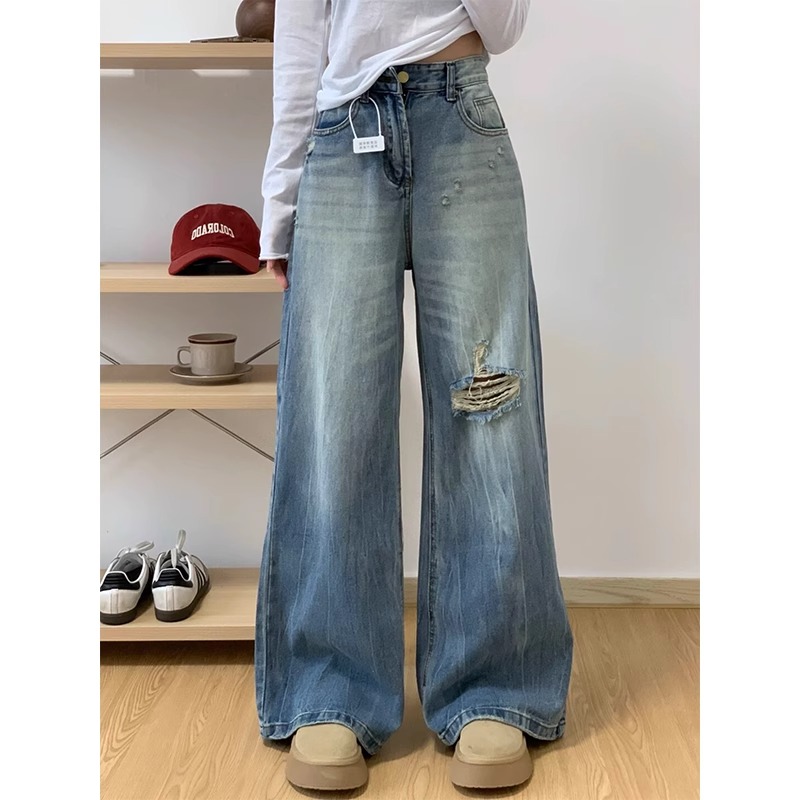 High waist loose jeans holes wide leg pants for women