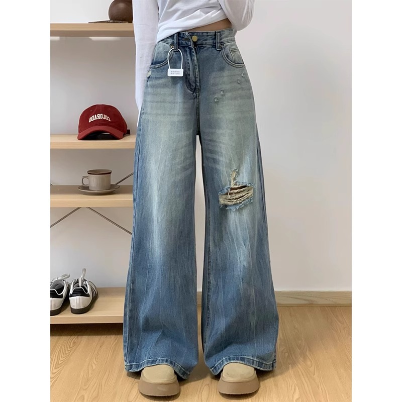 High waist loose jeans holes wide leg pants for women