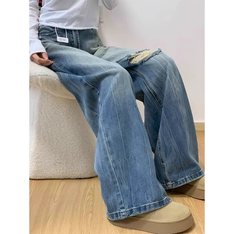 High waist loose jeans holes wide leg pants for women