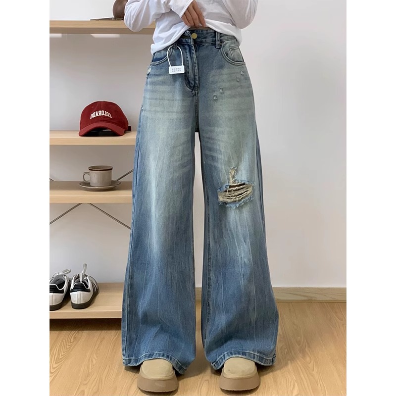 High waist loose jeans holes wide leg pants for women