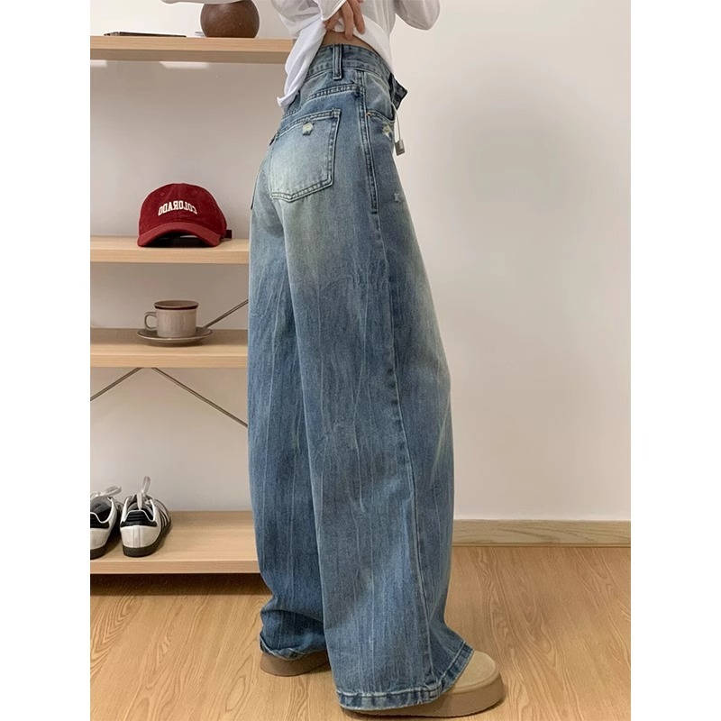 High waist loose jeans holes wide leg pants for women