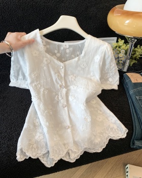 Short France style embroidery tops puff sleeve summer shirt