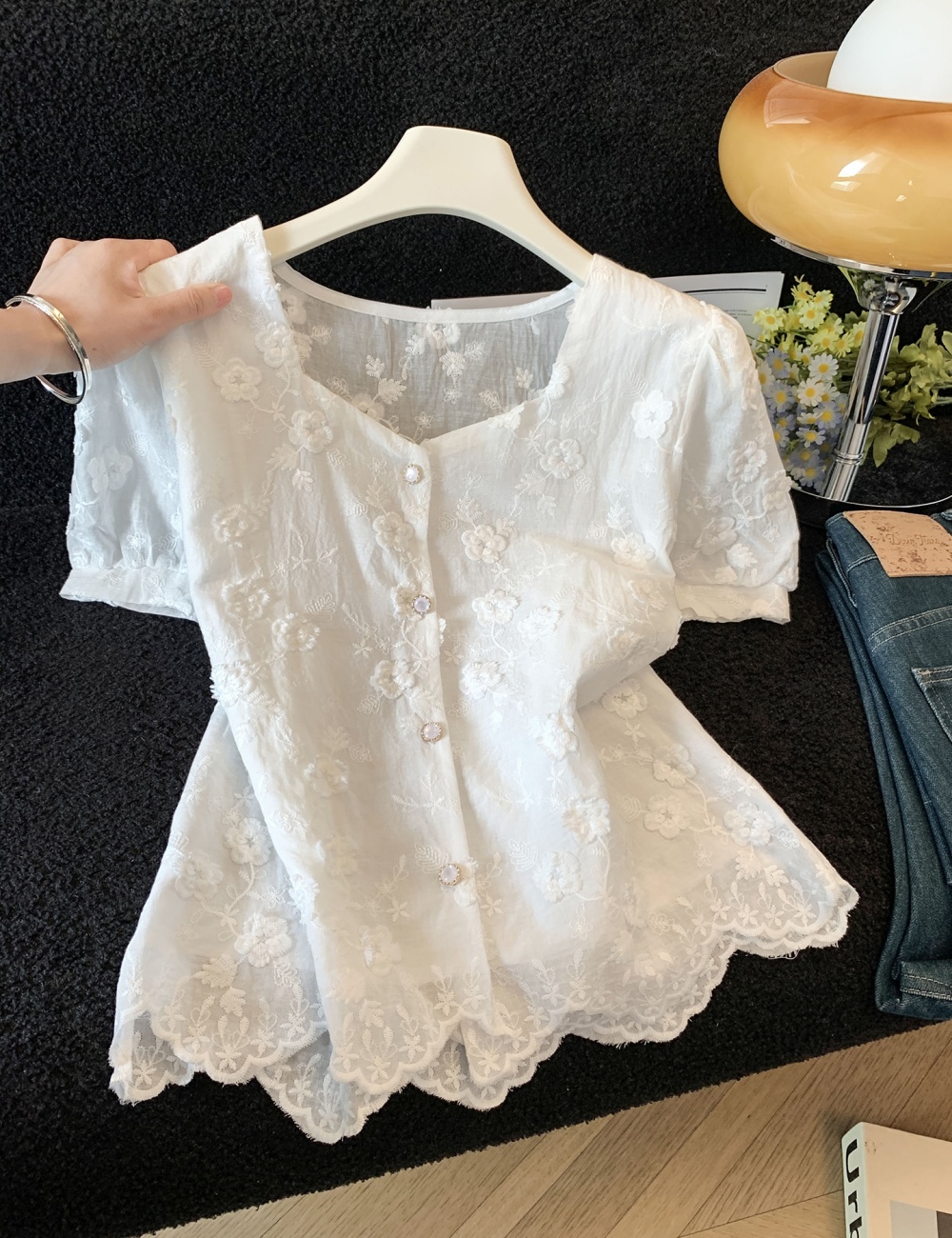 Short France style embroidery tops puff sleeve summer shirt