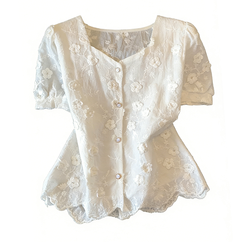 Short France style embroidery tops puff sleeve summer shirt