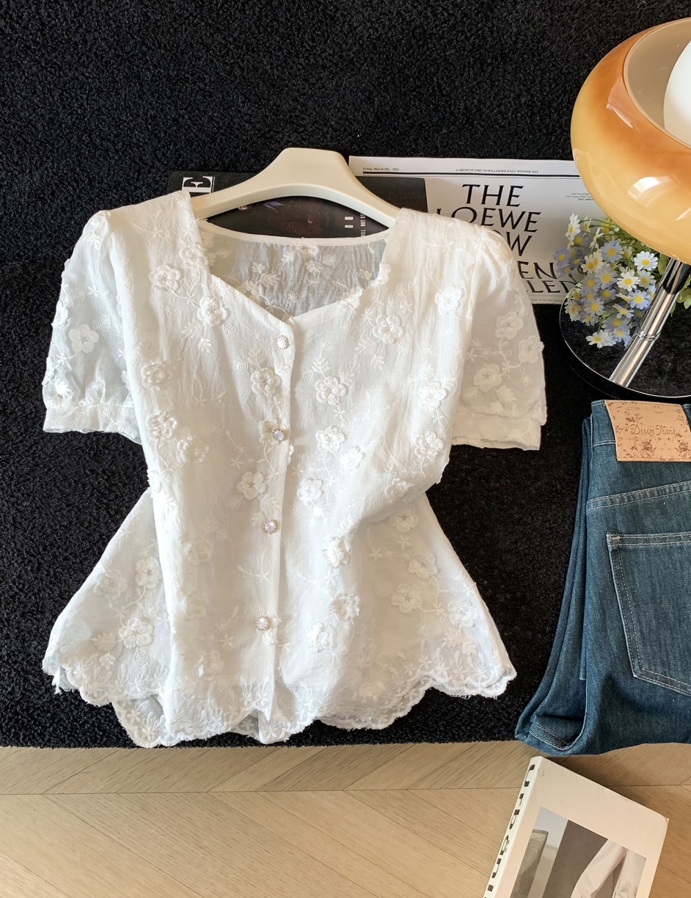 Short France style embroidery tops puff sleeve summer shirt