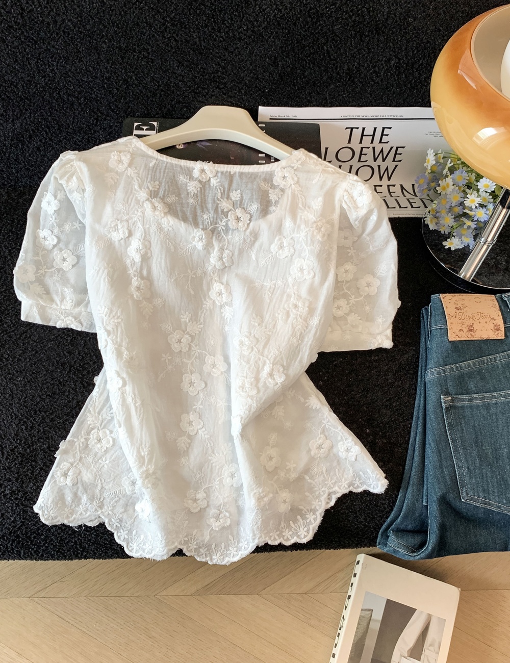 Short France style embroidery tops puff sleeve summer shirt