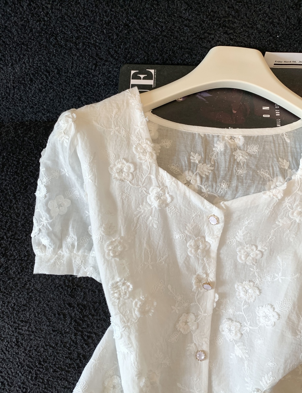 Short France style embroidery tops puff sleeve summer shirt