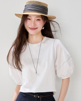 Show young white lantern sleeve tops Casual cotton T-shirt