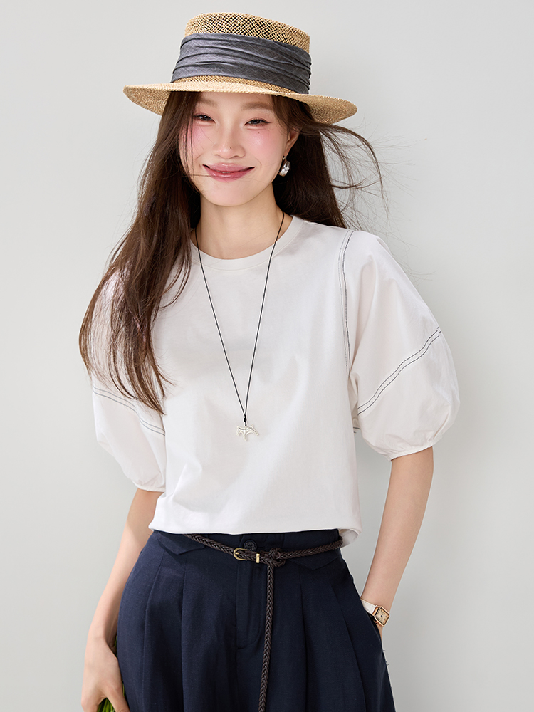 Show young white lantern sleeve tops Casual cotton T-shirt