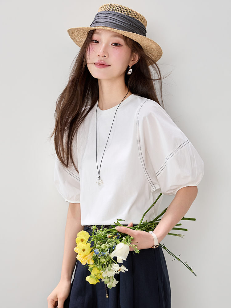 Show young white lantern sleeve tops Casual cotton T-shirt