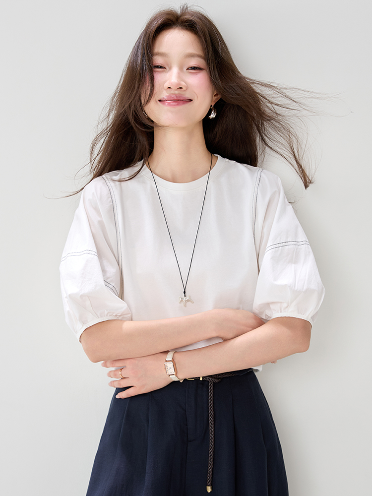 Show young white lantern sleeve tops Casual cotton T-shirt
