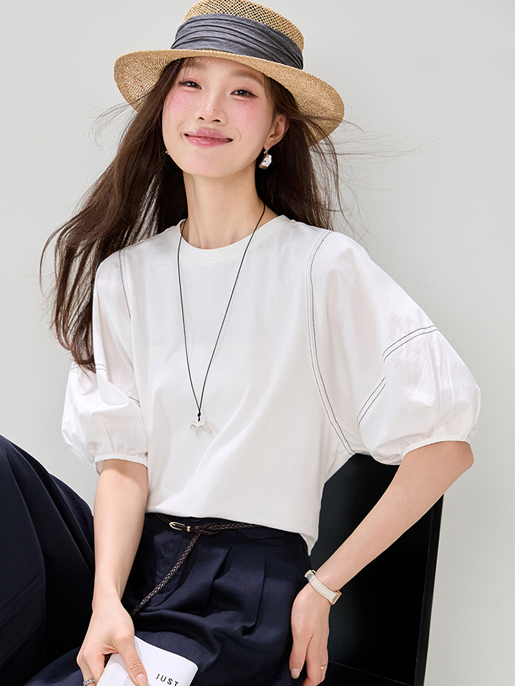 Show young white lantern sleeve tops Casual cotton T-shirt