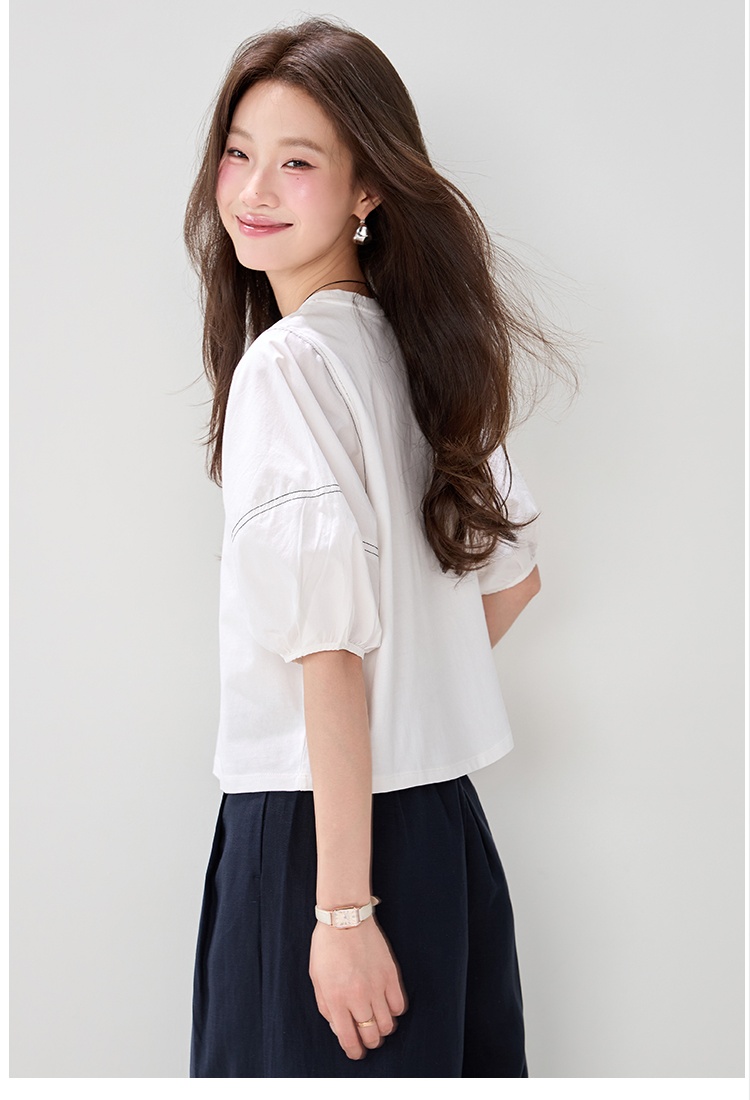 Show young white lantern sleeve tops Casual cotton T-shirt