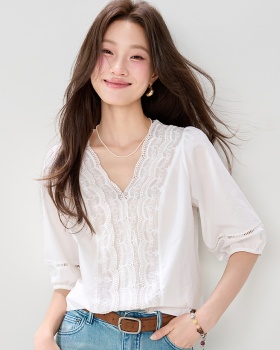 Lace puff sleeve France style tops summer white shirt