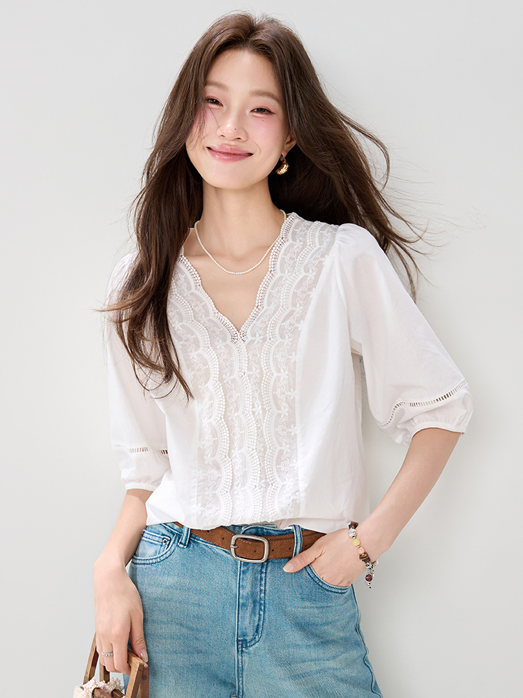 Lace puff sleeve France style tops summer white shirt