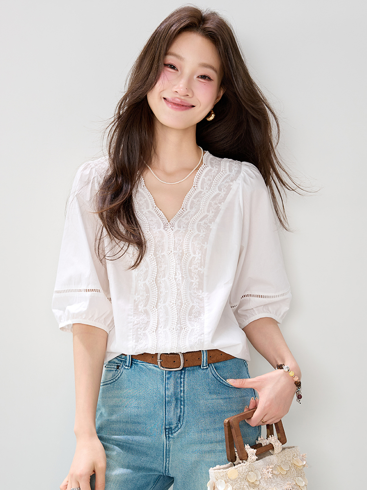 Lace puff sleeve France style tops summer white shirt