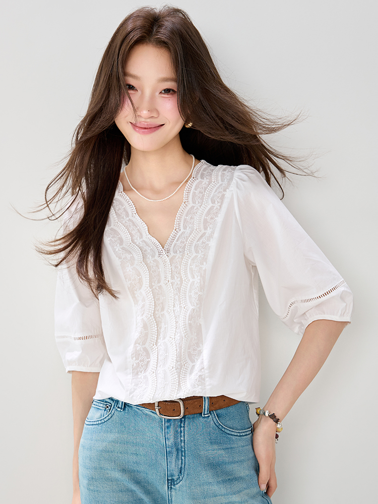 Lace puff sleeve France style tops summer white shirt