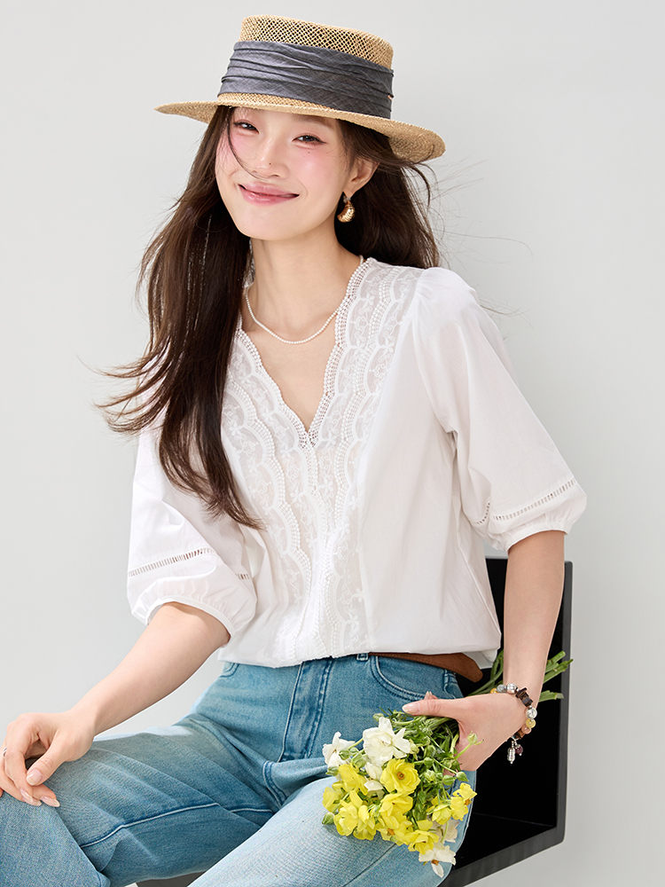 Lace puff sleeve France style tops summer white shirt