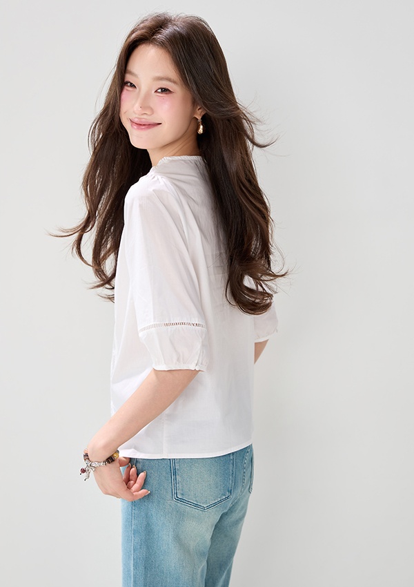 Lace puff sleeve France style tops summer white shirt