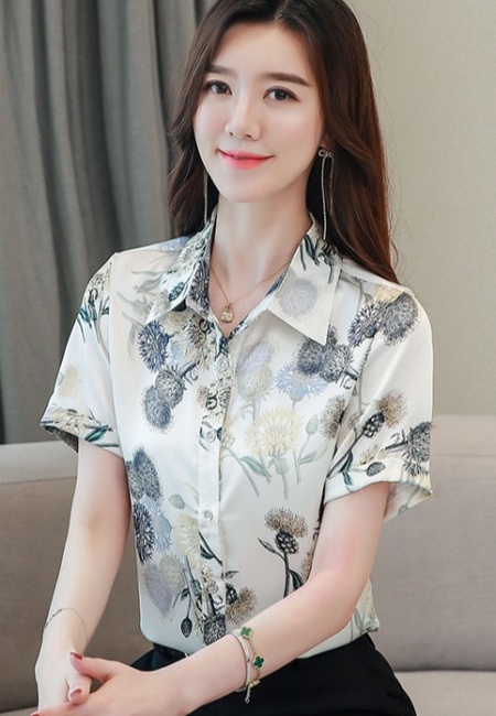 Real silk middle-aged summer shirt silk satin tops for women