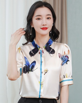Silk short sleeve shirt summer bow collar tops