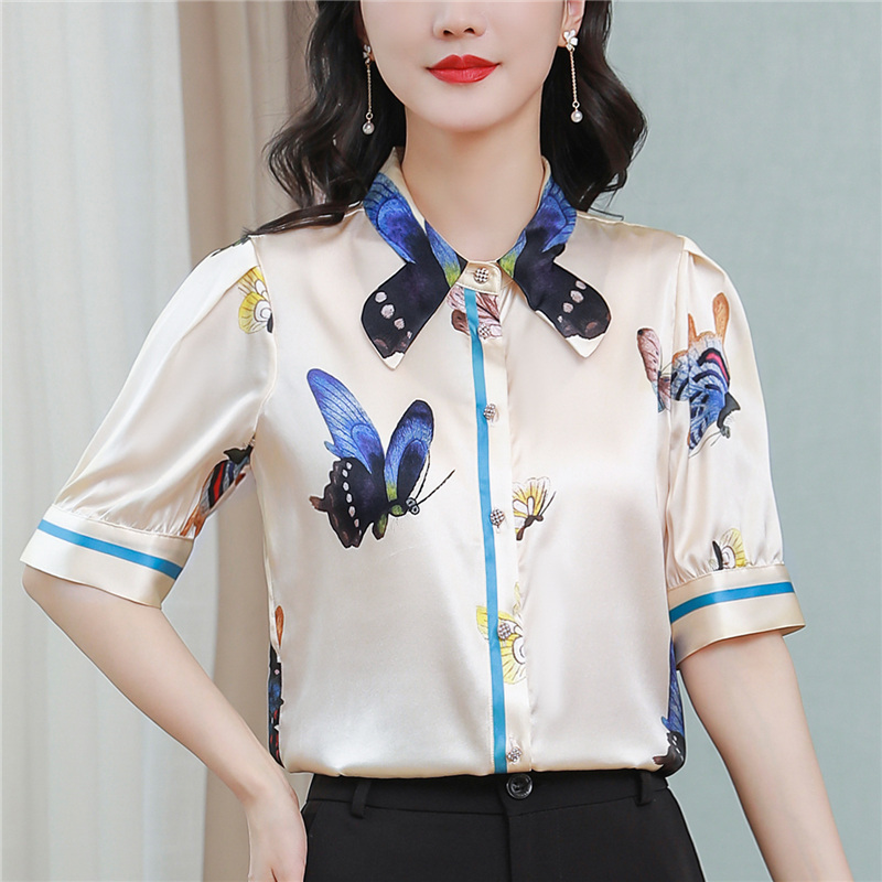 Silk short sleeve shirt summer bow collar tops