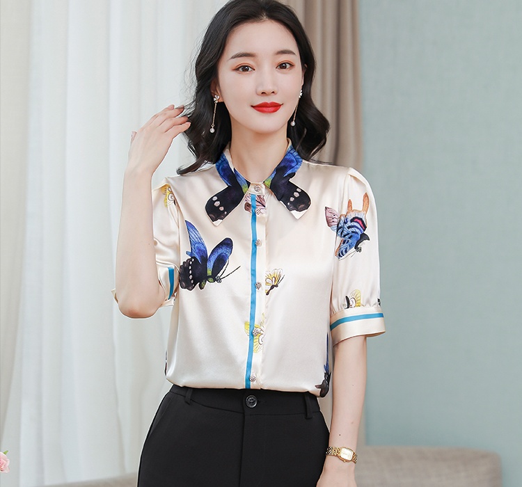 Silk short sleeve shirt summer bow collar tops
