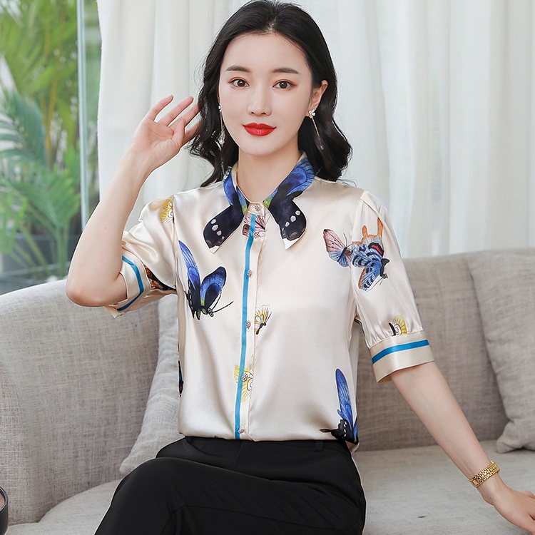 Silk short sleeve shirt summer bow collar tops