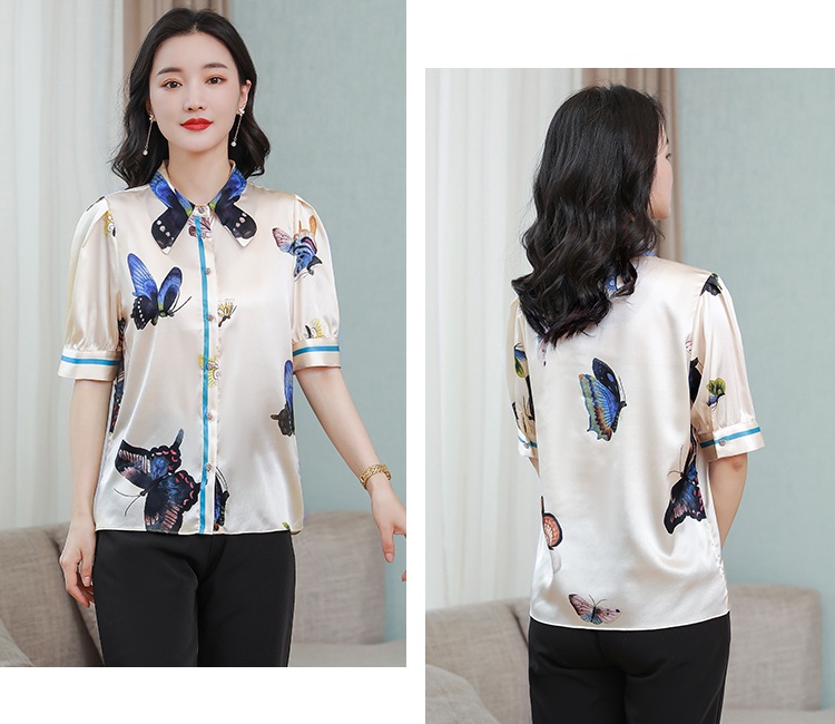 Silk short sleeve shirt summer bow collar tops