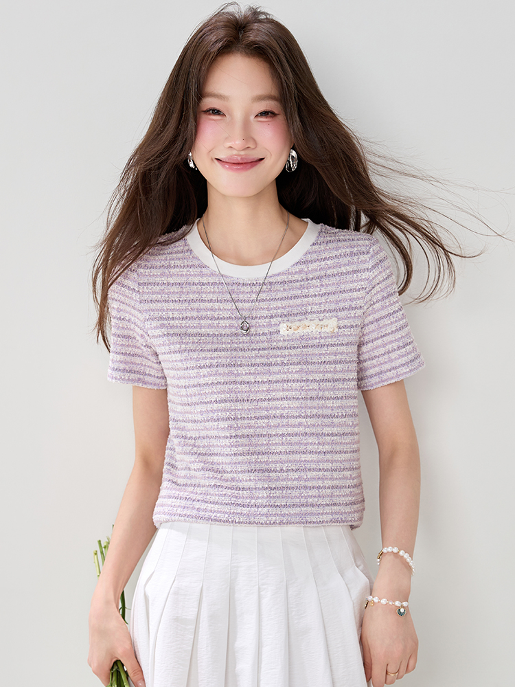 Small flash silver summer round neck T-shirt for women