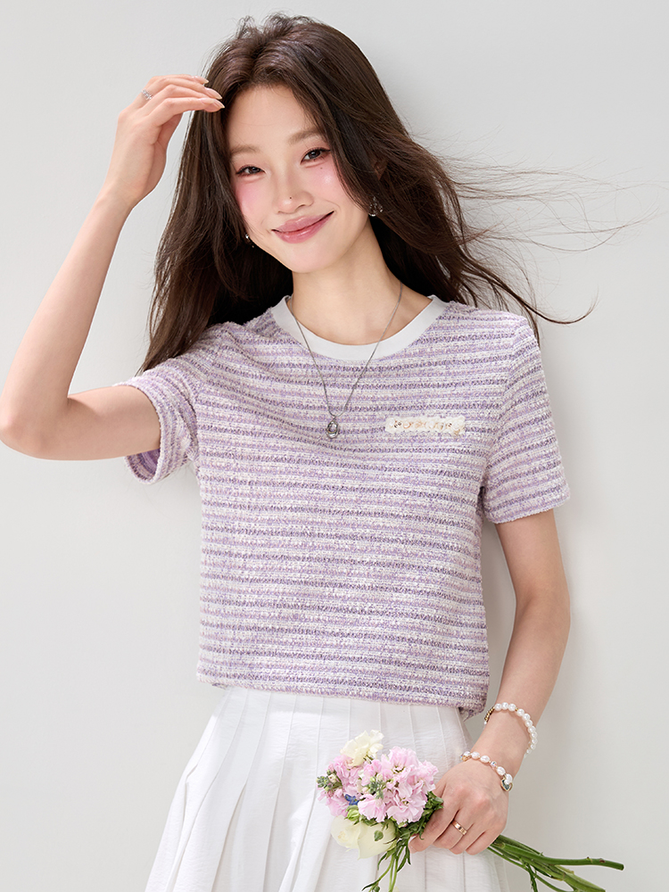 Small flash silver summer round neck T-shirt for women