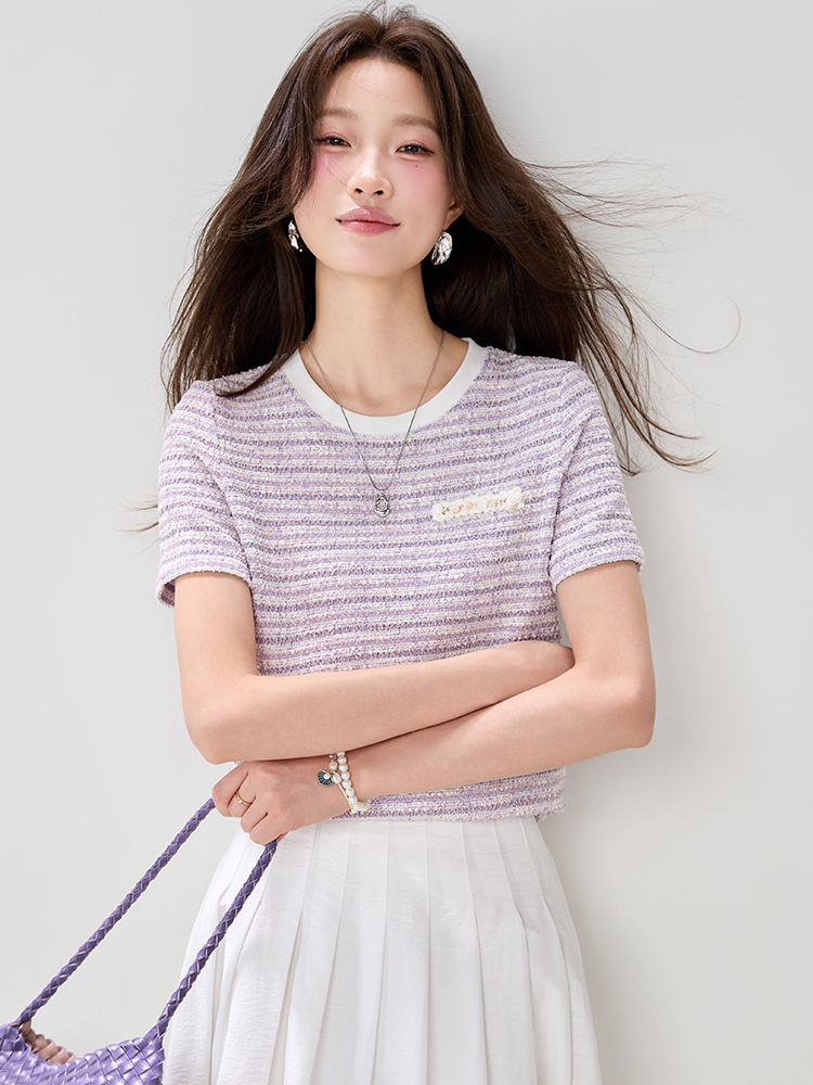 Small flash silver summer round neck T-shirt for women
