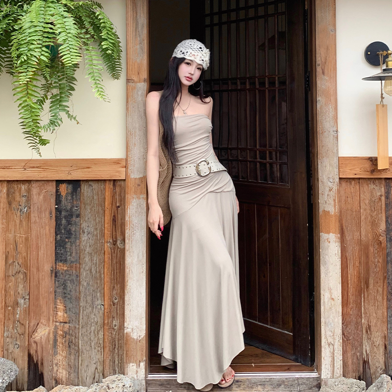 Pinched waist long dress vacation dress for women